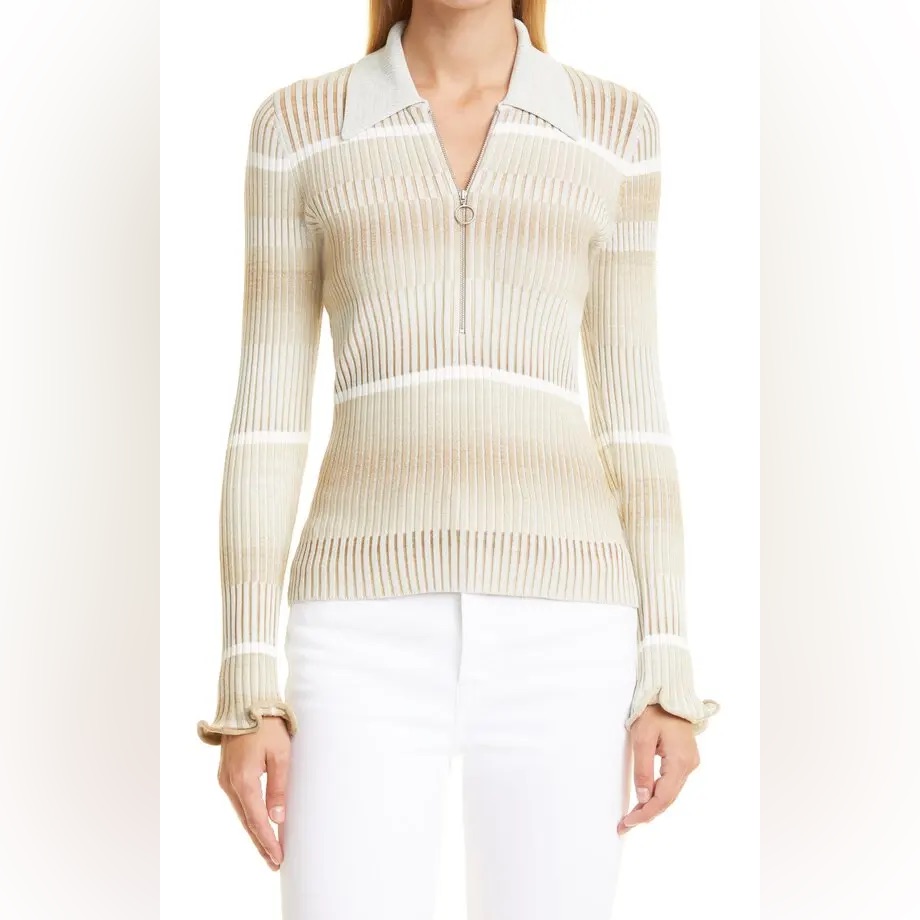 Jonathan Simkhai Allyson Space Dye Polo Half Zip Ribbed Sweater Ruffle Sleeve Xs